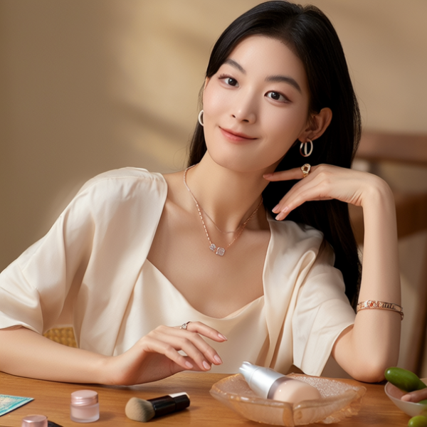 生活瞬间，美女，韩系美女，丝绸，美妆广告，家庭餐桌，4K超清，写实风格，温馨，柔和室内光，细腻皮肤，项链，耳环，手链。