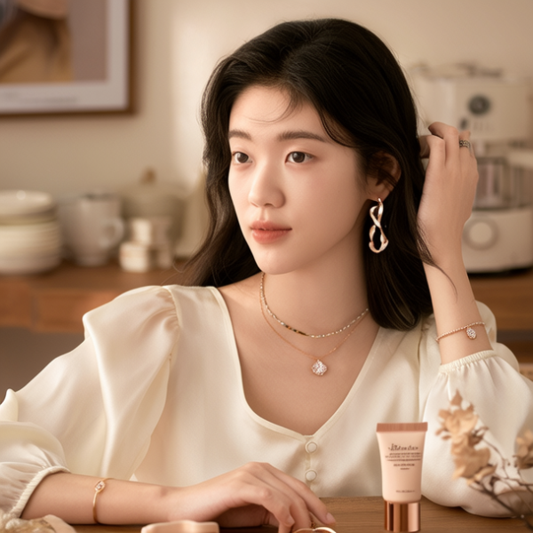 生活瞬间，美女，韩系美女，丝绸，美妆广告，家庭餐桌，4K超清，写实风格，温馨，柔和室内光，细腻皮肤，项链，耳环，手链。