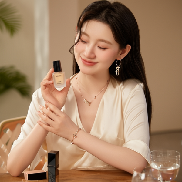 生活瞬间，美女，韩系美女，丝绸，美妆广告，家庭餐桌，4K超清，写实风格，温馨，柔和室内光，细腻皮肤，项链，耳环，手链。