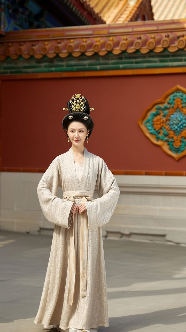 以中国文献内容做参考画一幅夏朝全身美女，要体现当时文化和服装特色，人物要像真人