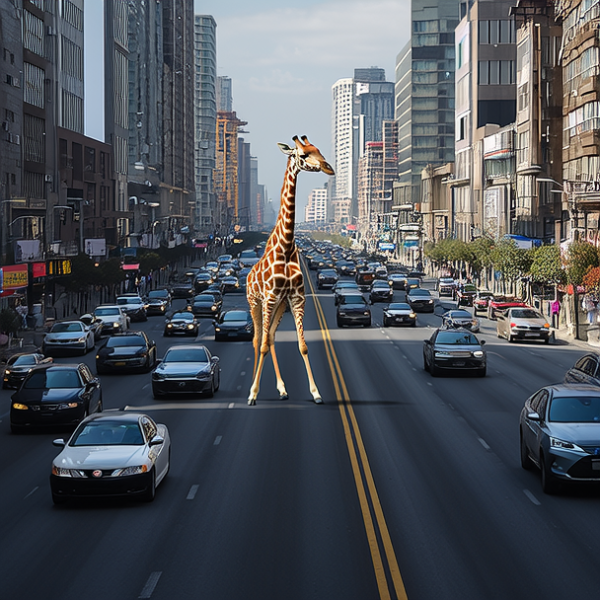 一只长颈鹿行走在车来车往的城市里