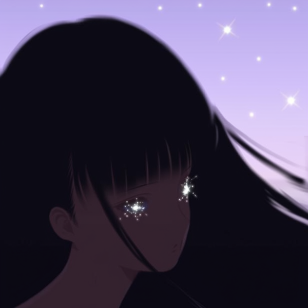 一个年轻女性的轮廓在柔和的光线下显得模糊不清。她的眼睛闪烁着神秘的光芒，她的长发轻轻飘动。背景是一片淡紫色的天空,星星点点,增加了这个画面的神秘感。