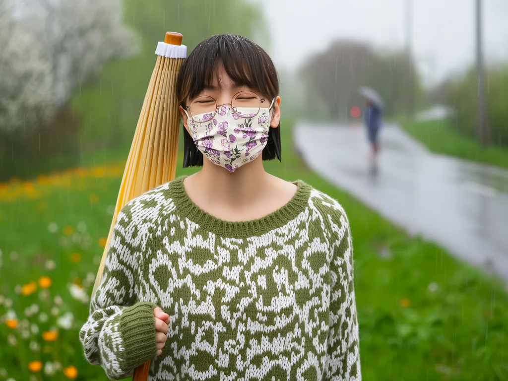 初春的清晨，细雨绵绵，乡间小路旁的野花含苞待放，散发着淡淡的清香。路上行人稀少，只有一位撑着油纸伞的行人，在雨中漫步，享受着这份宁静与惬意。