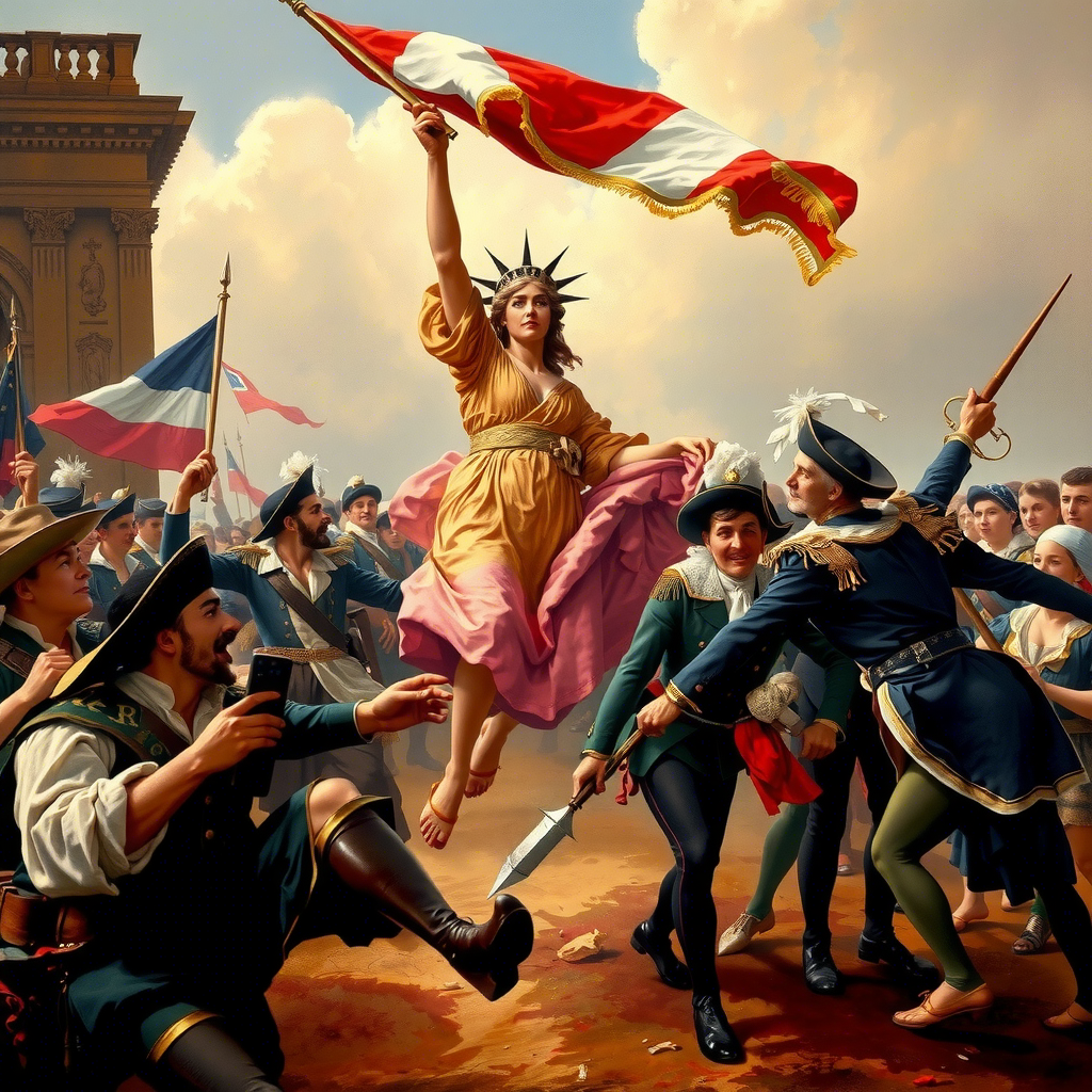 《自由引导人民》 (Liberty Leading the People) - 埃米尔·德拉克洛瓦（Eugène Delacroix）创作，描绘了1830年的七月革命。