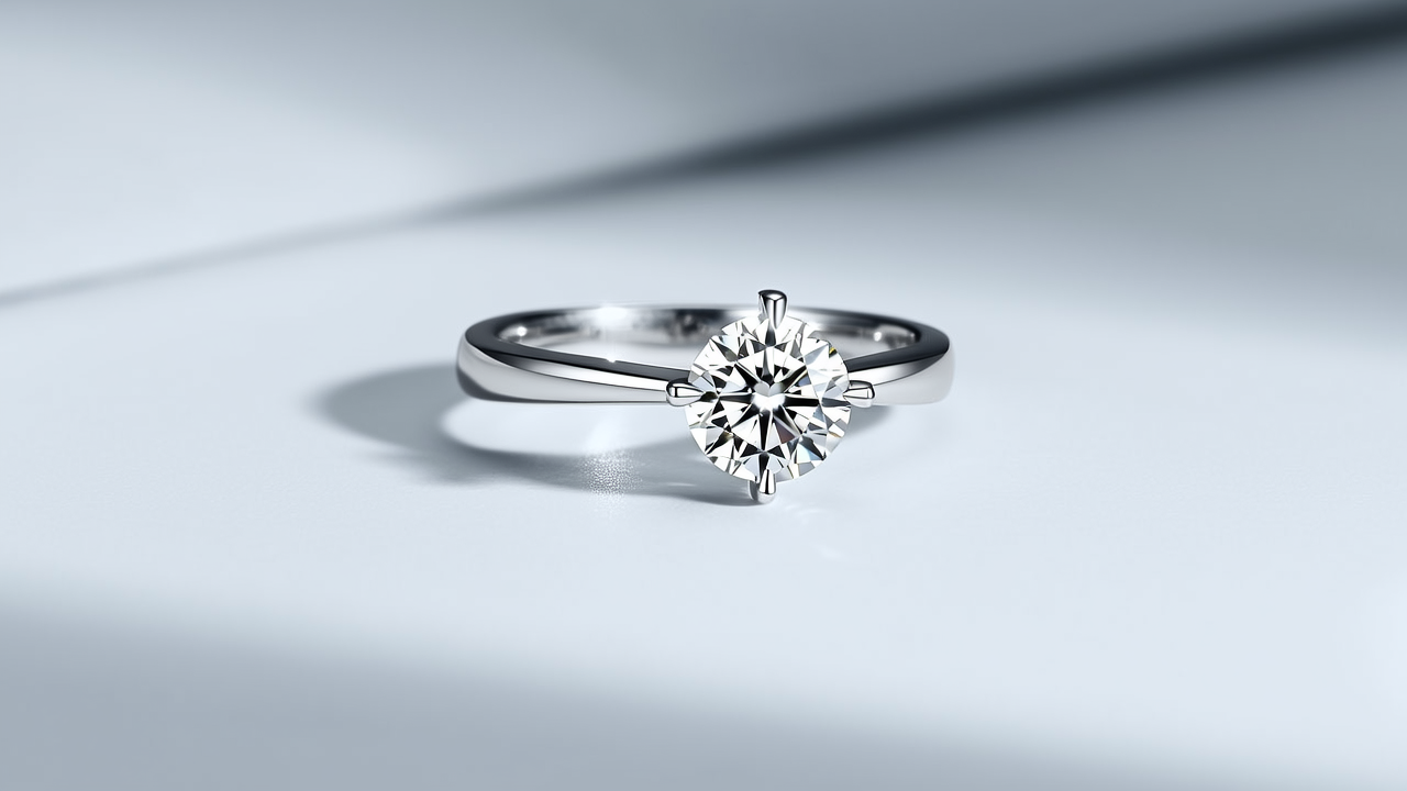 商业摄影，戒指，钻石闪耀，纯白，4K分辨率，现代简约，高贵典雅，自然光，光滑冷硬