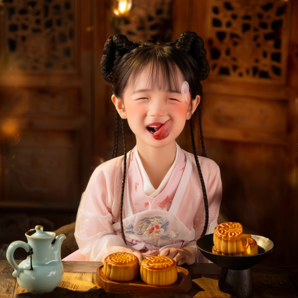 坐在桌子前吃月饼的小女孩儿