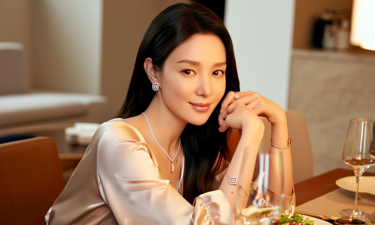 生活瞬间，美女，韩系美女，丝绸，美妆广告，家庭餐桌，4K超清，写实风格，温馨，柔和室内光，细腻皮肤，项链，耳环，手链。