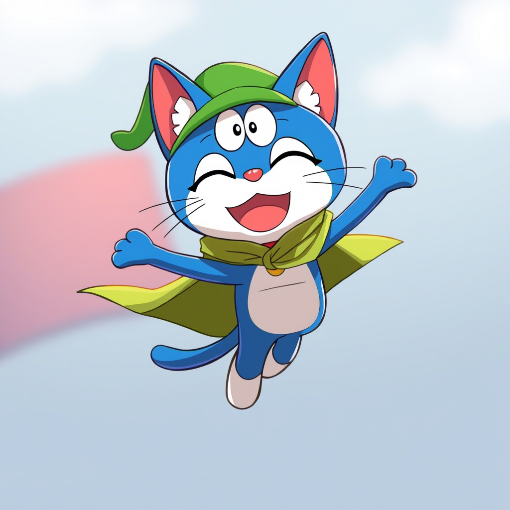 蓝色猫咪，长得像瘦子版的多啦A梦，带个绿帽子，穿个披风，在飞