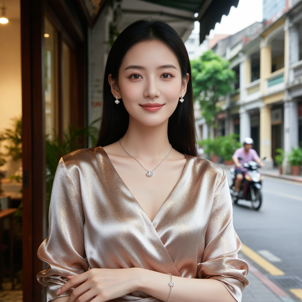 生活瞬间，美女，韩系美女，丝绸，美妆广告，广州街边，4K超清，写实风格，温馨，柔和室内光，皮肤细腻，项链，耳环，手链。